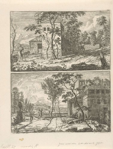 Twee landschappen met gebouwen