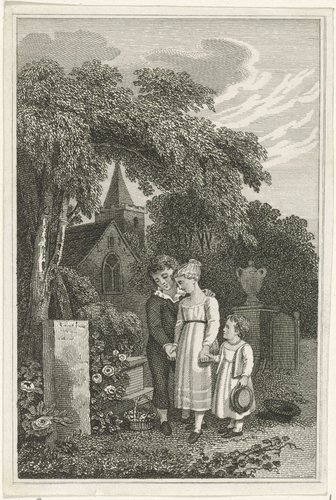 Drie kinderen bij het graf van hun moeder