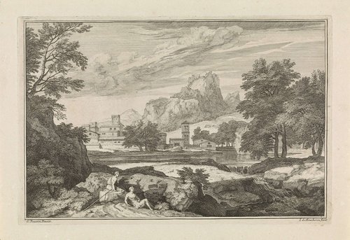 Landschap met twee rustende figuren op de voorgrond