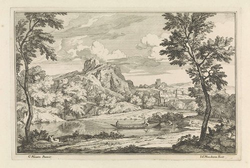 Landschap met figuren in een sloep