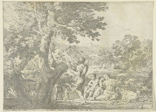 Landschap met herders en een hond