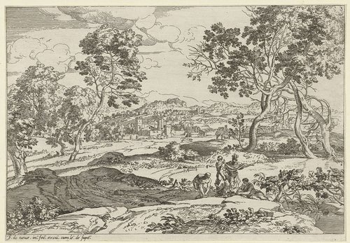 Heuvelachtig landschap met vier figuren