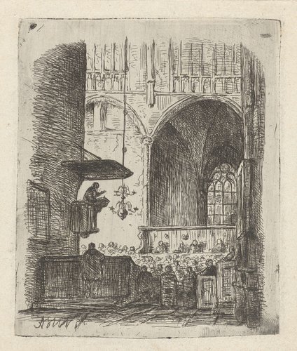 Kerkinterieur met kerkdienst