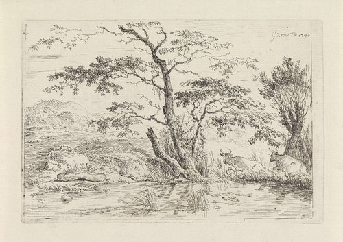 Landschap met koeien bij het water