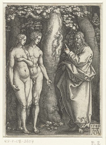 God waarschuwt Adam en Eva by Heinrich Aldegrever