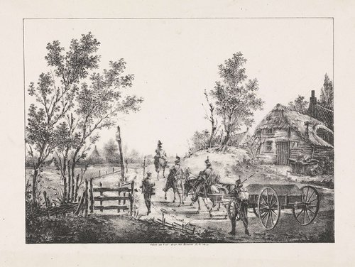 Soldaten met lijkkar op landweg