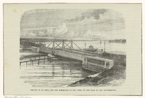 Gezicht op de brug, met het boerengat op den voor- en den Maas op den achtergrond