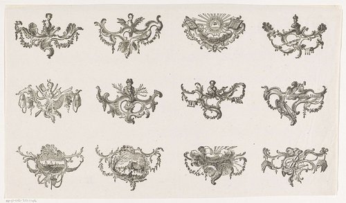 Twaalf ornamenten met allegorische objecten en figuren
