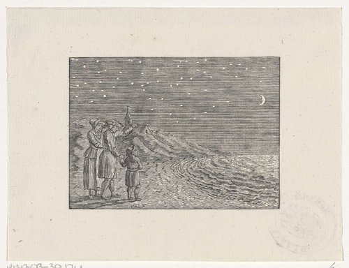 Man en een vrouw leren een jongen over de sterren en de maan by Hendrik Numan