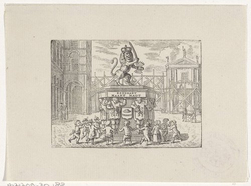 Kinderen dansend in een kring om een monument van de Zeven Provinciën by Hendrik Numan