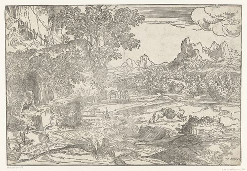 Landschap met Hieronymus en twee leeuwen