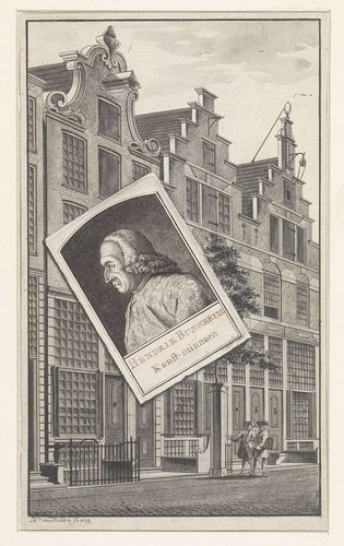 Portret van Hendrik Busserus; portret ligt als het ware op huizenrij met het huis van de voorgestelde