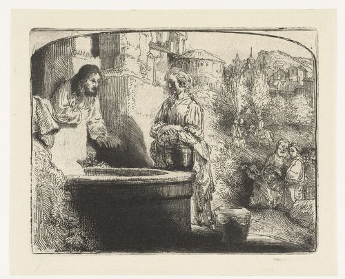 Christ and the woman of Samaria: an arched print by Rembrandt van Rijn