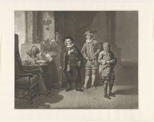 David Garrick in de rol van Abel Drugger, meneer Burton als 'Subtle' and John Palmer als 'Face'