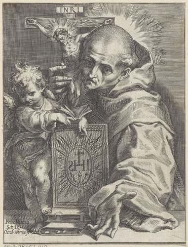 De heilige Bernardinus van Siena met crucifix en putto