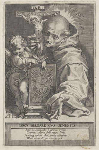 De heilige Bernardinus van Siena met crucifix en putto