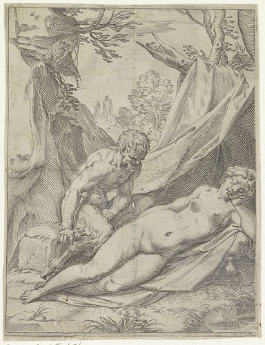 Sater bespiedt een slapende nimf by Agostino Carracci