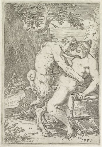 Sater bedrijft de liefde met een nimf by Agostino Carracci