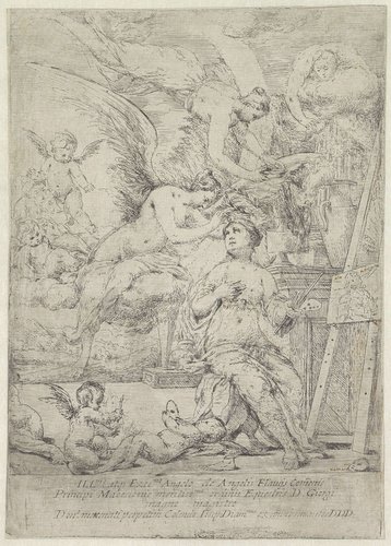 Schilderende vrouw tussen engelen (personificatie van de schilderkunst)