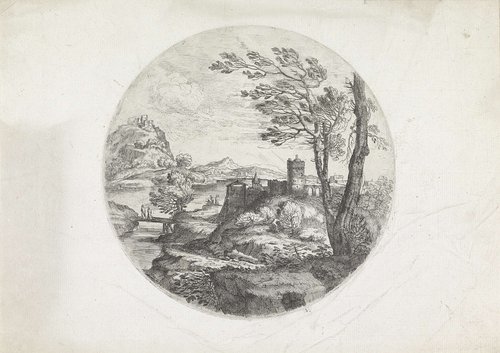 Landschap met twee vrouwen op een brug