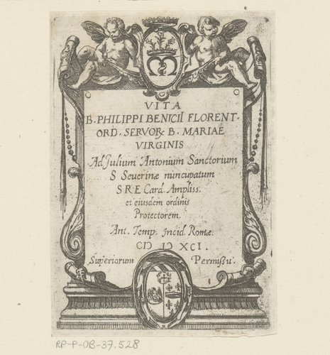 Titelprent met cartouche met putti en twee wapenschilden by Antonio Tempesta
