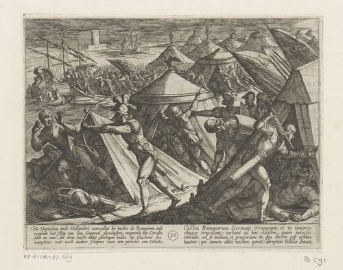 Nederlanders en Duitsers vallen het Romeinse kamp aan en veroveren de boot van Cerialis by Antonio Tempesta