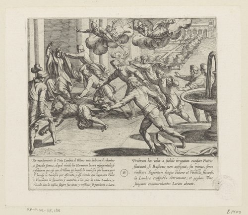De zonen van Lara stormen op de dorpeling af als zij bloed op het gezicht van hun broeder zien by Antonio Tempesta