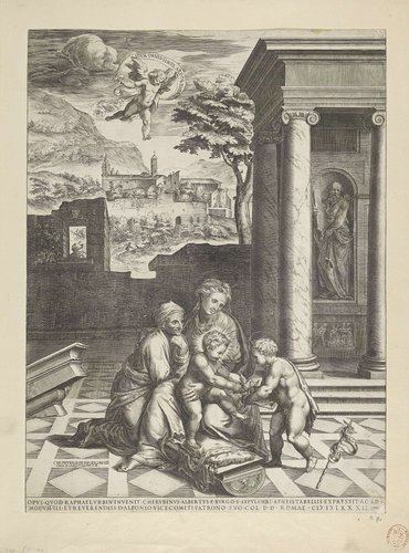 Maria met het Christuskind, Elisabet en de jonge Johannes de Doper op een binnenplaats