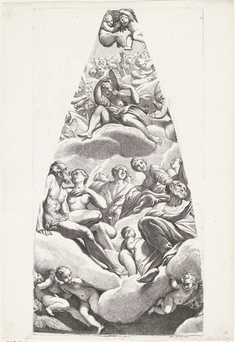 Adam en Eva met heiligen gezeten op een wolk