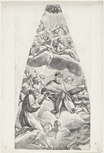 De heilige Andreas Avellinus en een geknielde heilige gezeten op een wolk