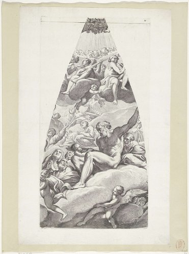 Abraham en Isaak met heiligen gezeten op een wolk