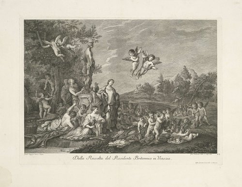 Landschap met vrouwen en putti bij standbeeld