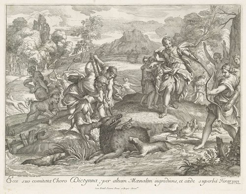 Ecce suo comitata Choro Dictynna, per altum Maenalon ingrediens, et caede superba Ferarum