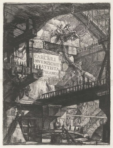Titelprent met gezicht in kerker en titel op muur by Giovanni Battista Piranesi