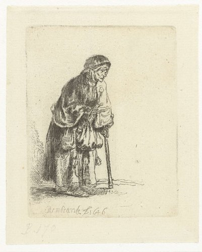 Bedelares, leunend op een stok, naar rechts by Rembrandt van Rijn