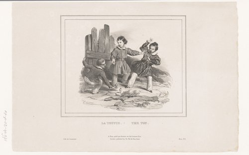 Drie jongens spelen met een tol