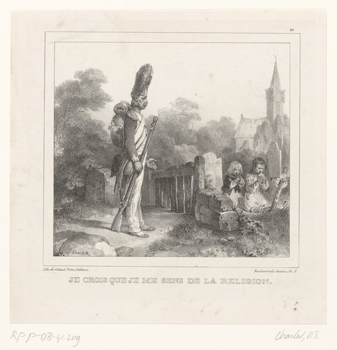 Soldaat ziet twee biddende kinderen op een kerkhof