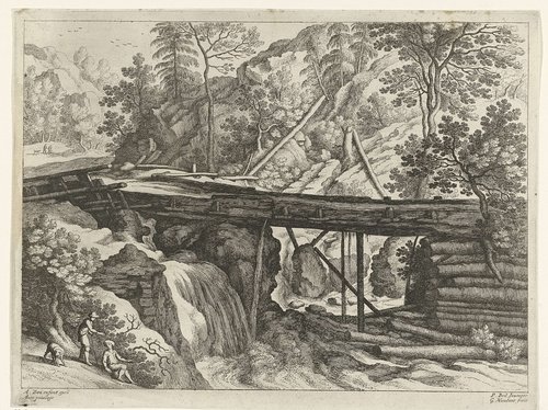 Berglandschap met houten aquaduct by Guilliam van Nieulandt (II)