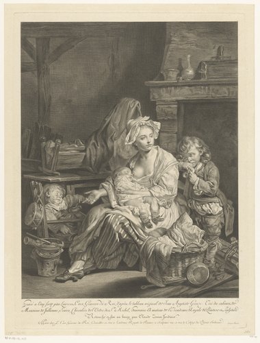 Interieur met een moeder en haar drie kinderen