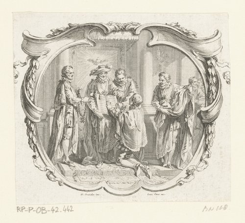 Vignet met een ridder die een eed aflegt op de bijbel vastgehouden door Henry de Bourbon