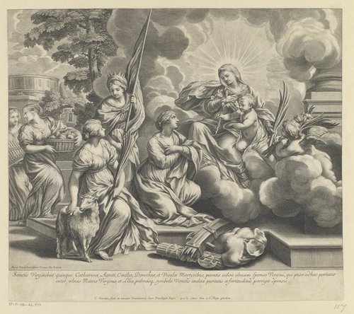 Maria en Kind overhandigen lelies en palmbladeren aan H. Catharina, H. Agnes, H. Ursula, H. Dorothea en H. Cecilia