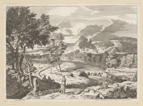 Landschap met rustende en wandelende figuren