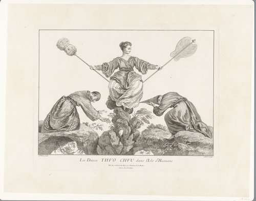 Vrouw, zittend op een rots, geflankeerd door twee biddende figuren