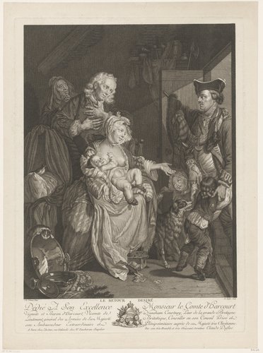 Huiselijk tafereel met thuiskomst van een vader