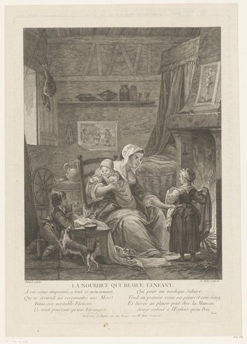 Interieur met min en kinderen aan het haardvuur