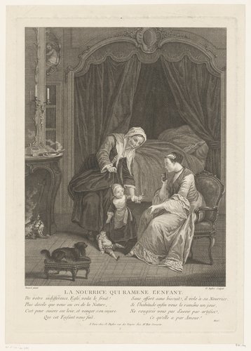 Interieur van een slaapkamer met min, moeder en kind