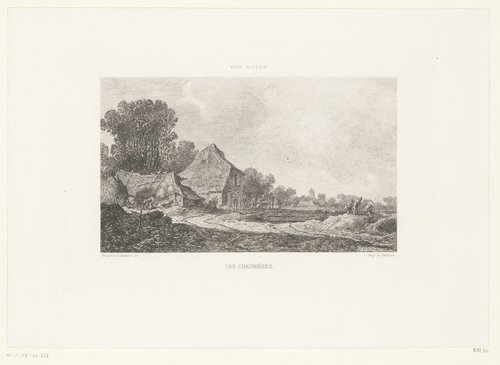 Huizen met strooien daken in een landschap