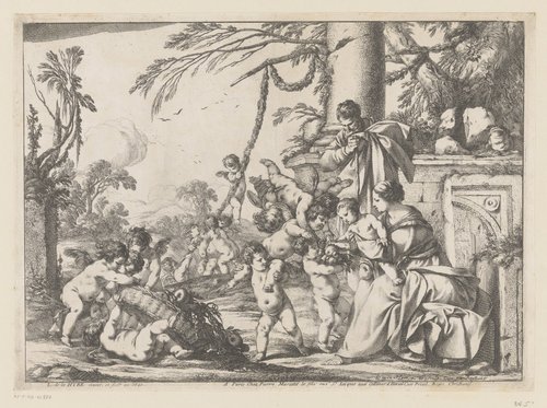 Heilige Familie en putti met fruitmand in een landschap