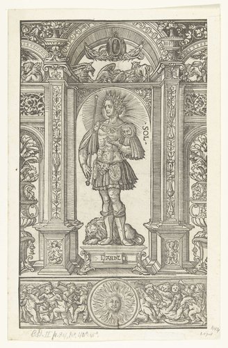 Apollo (Sol) met sterrenbeeld Leeuw in architecturale omlijsting