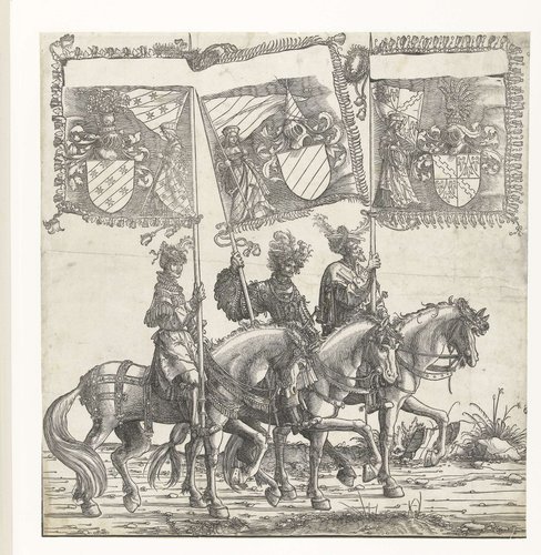 Drie mannen te paard dragen de Oostenrijkse vaandels van Ortenburg, Echingen en Achalm